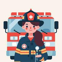 pompiere donna e fuoco camion, piatto vettore illustrazione