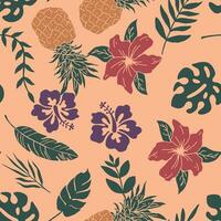 tropicale senza soluzione di continuità modello con mano disegnato foglia ananas e fiore elemento vettore