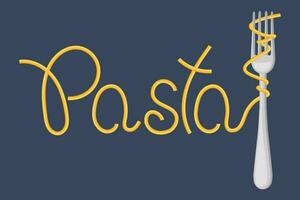 lettering pasta e forchetta con spaghetti su un' buio sfondo. cibo logo, ristorante menù. vettore