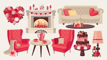 un' impostato di romantico illustrazioni. il camino, poltrona, torta, candele, fiori. un' accogliente decorato interno per San Valentino giorno. illustrato vettore clipart.