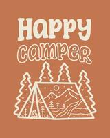 contento camper con natura montagna nel il dentro tenda forma illustrazione per distintivo, etichetta, t camicia disegno, e all'aperto uso vettore