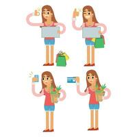 vettore illustrazione di un' giovane donna con shopping borse e credito carta.