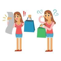 donne con shopping borse e domanda marchio. vettore illustrazione nel cartone animato stile.