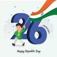 repubblica giorno celebrazione illustrazione indiano ragazzo Tenere nazionale bandiera su 26th gennaio vettore
