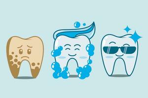 il personaggio di un' malato dente con placca prende trattamento, diventa pulire, sano, brillante e sembra freddo. dentale placca rimozione procedura passi. piatto vettore illustrazione