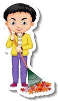 un ragazzo con una scopa adesivo personaggio dei cartoni animati vettore
