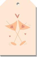 singolo mano disegnare San Valentino etichette, distintivo isolato su etichetta bianca con Due bicchieri di Martini e cuori. etichetta nel scarabocchio stile. pesca peluria, beige, rosa e rosso colori. vettore
