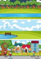 set di sfondo diverse scene orizzontali con personaggio dei cartoni animati di doodle kids vettore