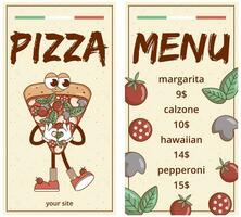 Pizza cibo menù per ristorante, bar, pizzeria. retrò Groovy cartone animato carattere. Vintage ▾ portafortuna psichedelico Sorridi, emozione. impaurito vettore illustrazione