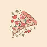 carino illustrazione di Pizza con a forma di cuore peperoni e fuso formaggio, Pizza triangolo , retrò Pizza vettore