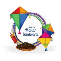 contento makar sankranti Festival sfondo decorato con aquiloni design vettore