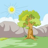 natura Visualizza con montagne, albero e sole vettore