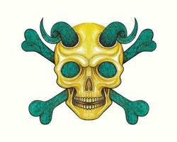 demone cranio e tibie incrociate impostato con turchese e oro design di mano acquerello pittura su carta. vettore