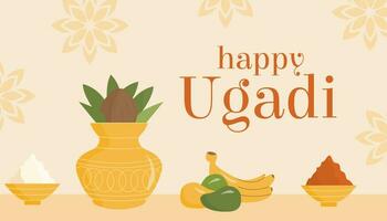 contento Ugadi Festival kannada traduzione contento lunare nuovo anno. Sud India vacanza. offerta di kalash, Noce di cocco e Mango foglia su giallo sfondo con calendula fiori. di moda moderno carta. vettore. vettore