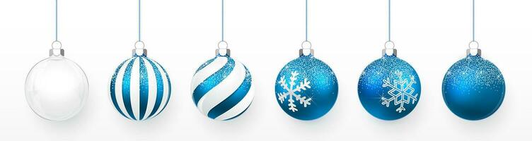 trasparente e blu Natale palla con neve effetto impostare. natale bicchiere palla su bianca sfondo. vacanza decorazione modello. vettore illustrazione