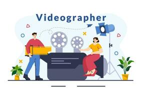 operatore video Servizi vettore illustrazione con disco video produzione, film, attrezzatura e cinema industria nel piatto cartone animato sfondo