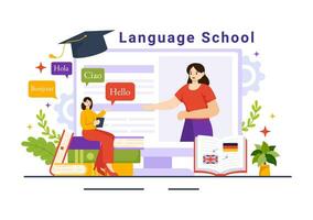 linguaggio scuola vettore illustrazione di in linea apprendimento, corsi, formazione programma e studia straniero ciao le lingue all'estero nel piatto sfondo