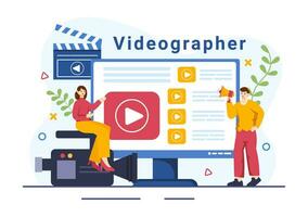 operatore video Servizi vettore illustrazione con disco video produzione, film, attrezzatura e cinema industria nel piatto cartone animato sfondo