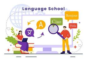 linguaggio scuola vettore illustrazione di in linea apprendimento, corsi, formazione programma e studia straniero ciao le lingue all'estero nel piatto sfondo