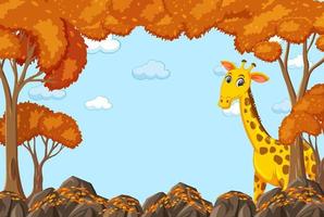 personaggio dei cartoni animati della giraffa nella scena vuota della foresta di autunno vettore