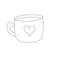 scarabocchio carino tazza di caffè con cuore, isolato su bianca sfondo. mano disegnato icona nel scarabocchio stile. modello per saluto carta, semplice logotipo, decorazioni, menù, libri. vettore grafico illustrazione.
