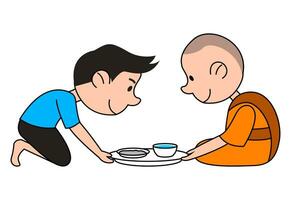 buddista uomo dare cibo per monaco cartone animato versione design vettore