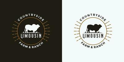 Vintage ▾ distintivo limousine mucca logo design per azienda agricola e ranch vettore