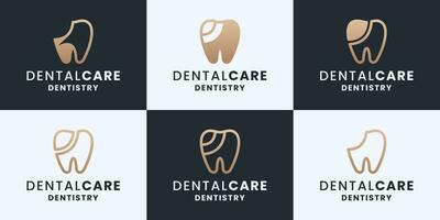 impostato di dentale cura, odontoiatria, dentale clinica logo design collezioni con d'oro colore vettore