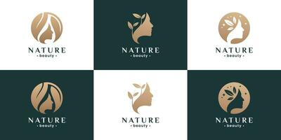 naturale bellezza donna viso logo design combinare con foglia logo collezione. vettore