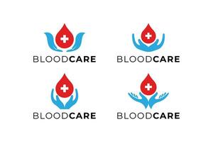 impostato di sangue donazione logo design concetto. mano con sangue far cadere combinazione. vettore