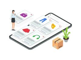 piatto isometrico illustrazioni di donne utilizzando smartphone per creare desiderio elenchi su e-commerce piattaforme. Perfetto per in mostra shopping desideri e preferenze. vettore