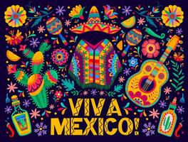 Viva Messico bandiera con sombrero, chitarra, poncho vettore