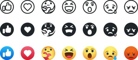 Facebook reazione viso emoji vettore impostare, piace, amore, cura, ahah, oh, triste, arrabbiato