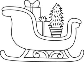 il slitta è tirato di Santa claus. un' cartone animato scarabocchio raffigurante un ghiaccio slitta traino Santa di claus i regali. il disegnato a mano cartone animato illustra Santa di claus viaggio con un' slitta, legato per renna vettore