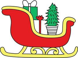 il slitta è tirato di Santa claus. un' cartone animato raffigurante un ghiaccio slitta traino Santa di claus i regali. il disegnato a mano cartone animato illustra Santa di claus viaggio con un' slitta, legato per renna vettore