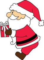 Santa Claus Tenere i regali per distribuire per bambini. babbo natale, un' genere cuore, gioioso spirito, gode trasporto un' Borsa di i regali. un' semplice mano disegnato cartone animato, carino per bambini su Natale giorno vettore