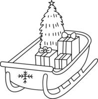 il slitta è tirato di Santa claus. un' cartone animato scarabocchio raffigurante un ghiaccio slitta traino Santa di claus i regali. il disegnato a mano cartone animato illustra Santa di claus viaggio con un' slitta, legato per renna vettore