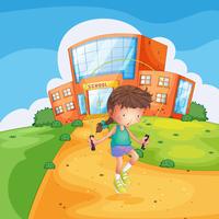 Una ragazza sudata che gioca davanti a un edificio scolastico vettore