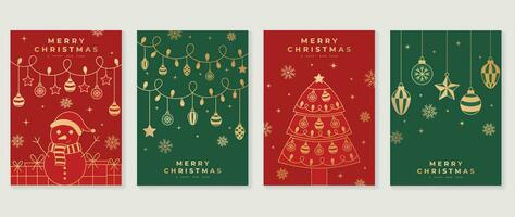 lusso Natale invito carta arte deco design vettore. Natale albero, fronzolo sfera, pupazzo di neve, regalo, fiocco di neve linea arte su rosso e verde sfondo. design illustrazione per coperchio, manifesto, sfondo. vettore