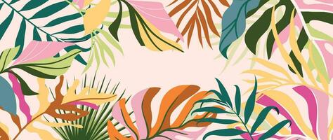 tropicale le foglie sfondo vettore. botanico fogliame bandiera design mano disegnato colorato palma foglia, Monstera le foglie linea arte. design per sfondo, coperchio, carte, confezione, volantino, tessuto. vettore