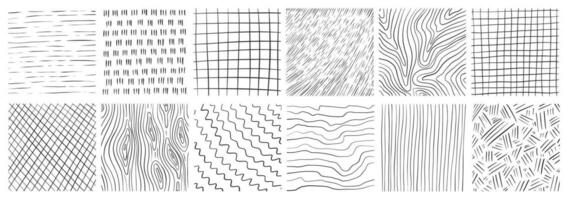 impostato di mano disegnato struttura con diverso matita modelli. tratteggio incrociato, piovere, Di legno, spirale e Linee. vettore illustrazione su bianca sfondo