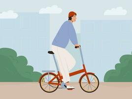 elegante uomo equitazione strada pieghevole bicicletta nel città vettore piatto illustrazione. di moda guardare maschio nel cappello cavalcate urbano eco amichevole piegare su rosso bicicletta. giovane tipo Ciclismo. fricchettone pendolarismo per opera.