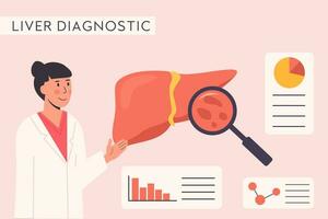 concetto di consulenza medico. ospedale dai un'occhiata su. fegato organo diagnostica con ingrandimento bicchiere. ricercatore studiando fegato fazzoletto di carta. medico scienziato. epatologia. piatto vettore illustrazione.