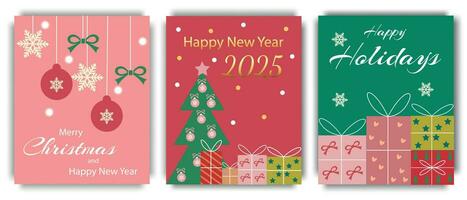 impostato di allegro Natale e nuovo anno saluto carte. moderno Natale design concetto con abete albero, palle e i regali. può essere Usato come striscione, manifesto, vacanza copertina modelli. vettore tipografia.