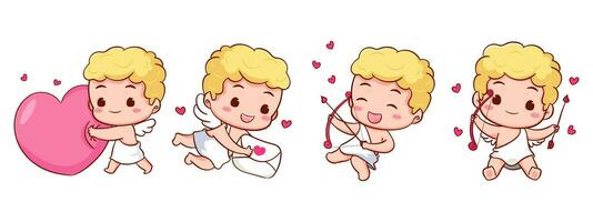 impostato carino adorabile Cupido cartone animato carattere. amur bambini, poco angeli o Dio Eros. san valentino giorno concetto design. adorabile angelo nel amore. kawaii chibi vettore carattere. isolato bianca sfondo.