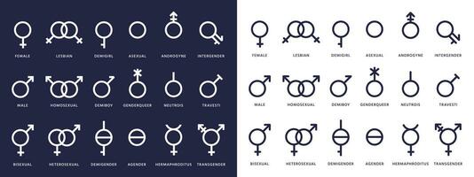 Genere simbolo icone. genderqueer, transgender e lesbica, bisessuale pittogrammi. lgbt, demiboy e gay, eterosessuale vettore isolato segni