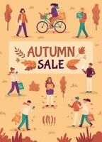 autunno saldi. persone con ombrelli e shopping borse nel città, autunno stagione speciale offerte, promozione prezzo sconto volantino, piatto vettore bandiera