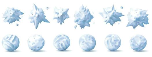 palla di neve 3d. neve simboli, spruzzi e il giro bianca palle di neve collezione per bambini inverno lotte realistico vettore impostato