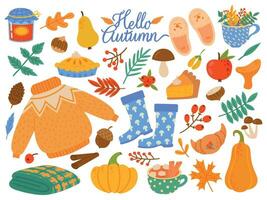 autunno elementi. caduta foglie, giallo impianti e cibo, raccogliere Festival o ringraziamento giorno di stagione astratto cartone animato vettore impostato