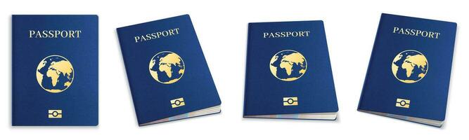 realistico 3d passaporto. internazionale passaporto copertina modello per in viaggio, personale immigrazione. blu id documento con globo vettore impostare.